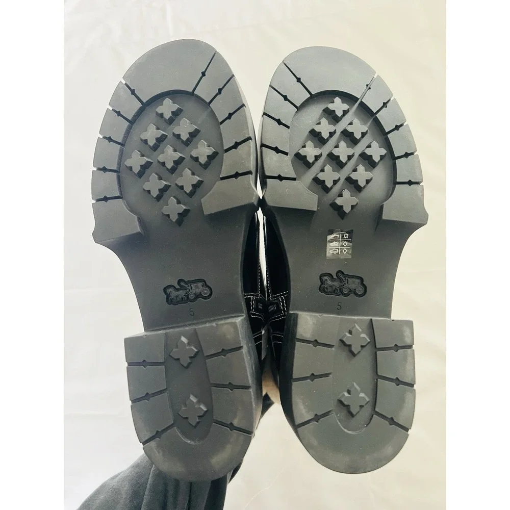 COACH Black High Shine Leather Shearling‎ Combat Booties Uniform Dress Shoes 5B - Picture 12 of 13